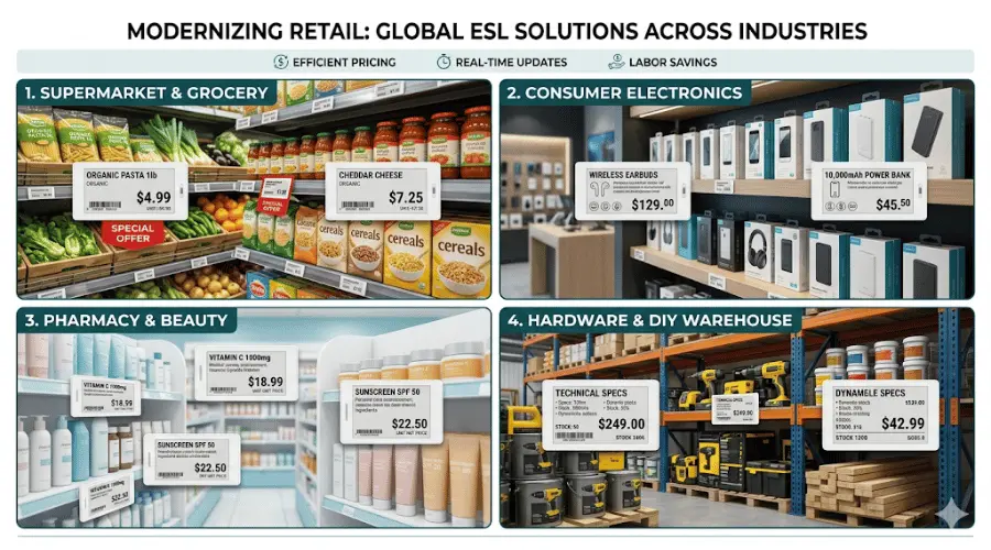 Electronic shelf labels used in grocery, electronics, pharmacy, and hardware retail environments Electronic shelf labels used in grocery, electronics, pharmacy, and hardware retail environments